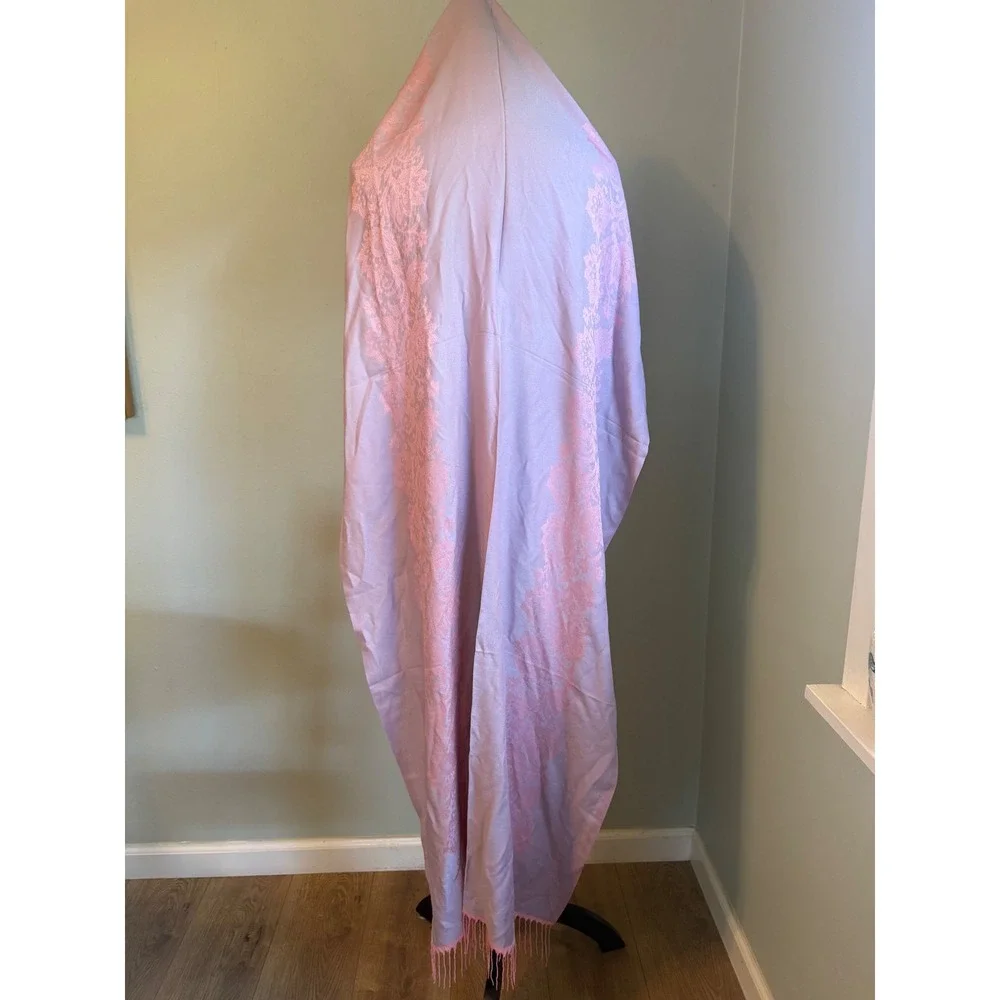 Silk Cashmere Shawl Scarf Pink Lavender Floral Lace Wrap boho dainty fringe fest